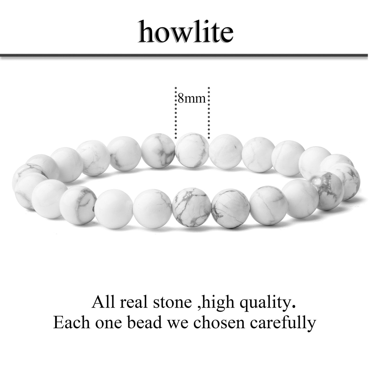 WRCXSTONE Natural 8mm Gorgeous Semi-Precious Gemstones Healing Crystal Stretch Beaded Bracelet Unisex Howlite