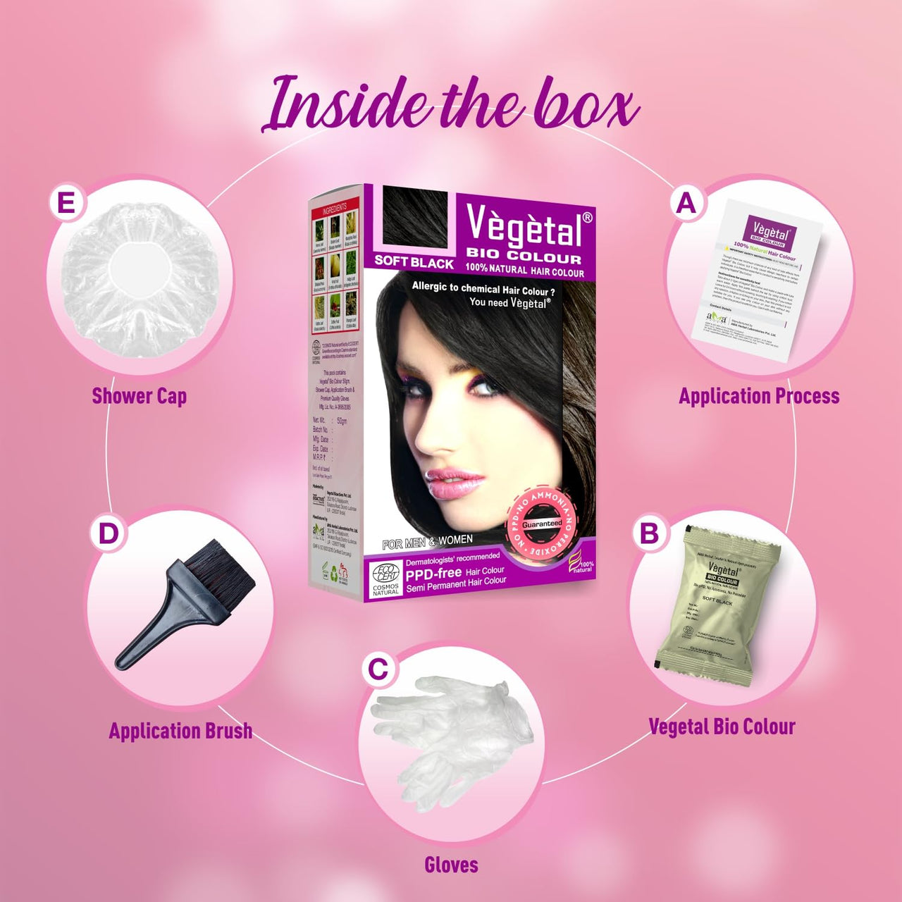 Vegetal Bio Hair Colour - Soft Black | 50g | Achieve Natural, Ammonia-Free Hair Color | PPD-Free, 100% Herbal Certified Organic for Men and Women | UV Protection and Luster Maintenance | Complete Kit
