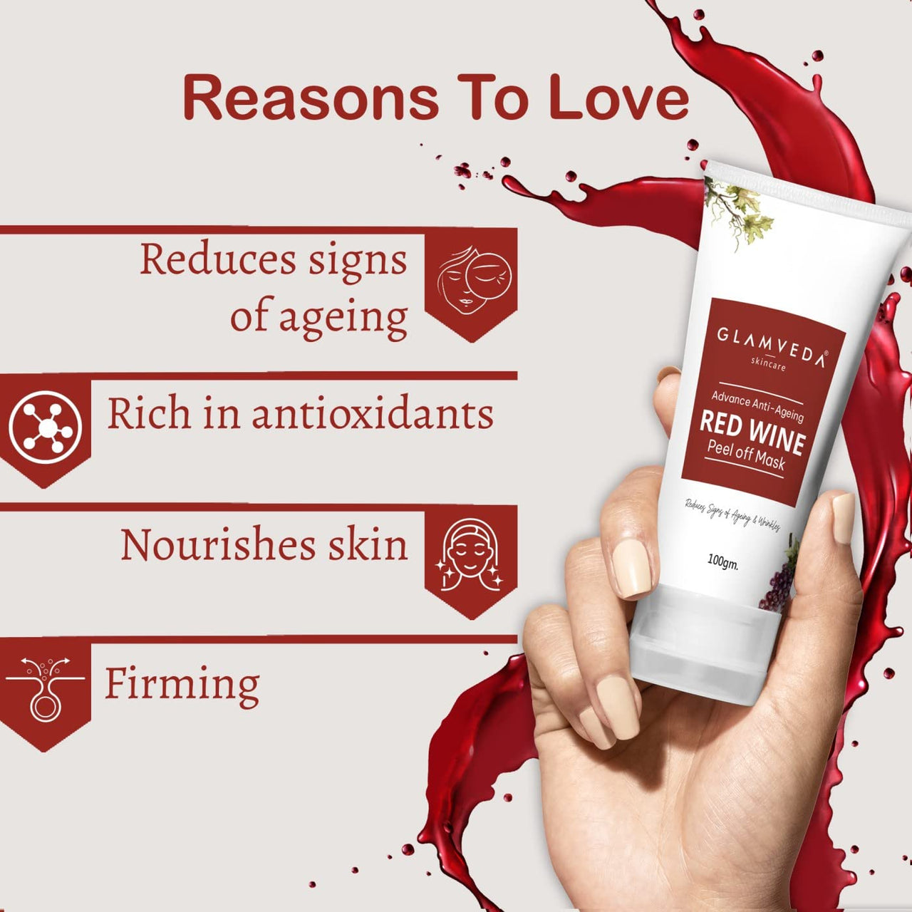 GLAMVEDA Red Wine Peel Off Mask - Anti-Aging, De-Tan & Glowing Skin Treatment. Removes Blackheads, Dark Spots, Minimizes Wrinkles, Suitable for All Skin Types, 100g