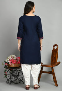 QAZMI Women's  Cotton Straight Embroidered Kurti Black L