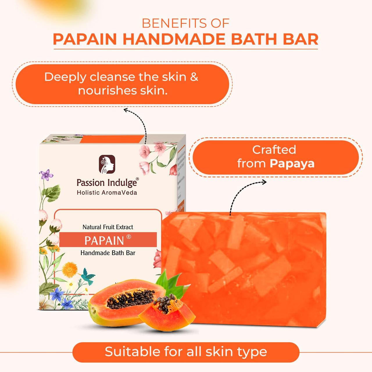 Passion Indulge Papain Papaya Handmade Natural Bath Bar Soap - Pack of 3