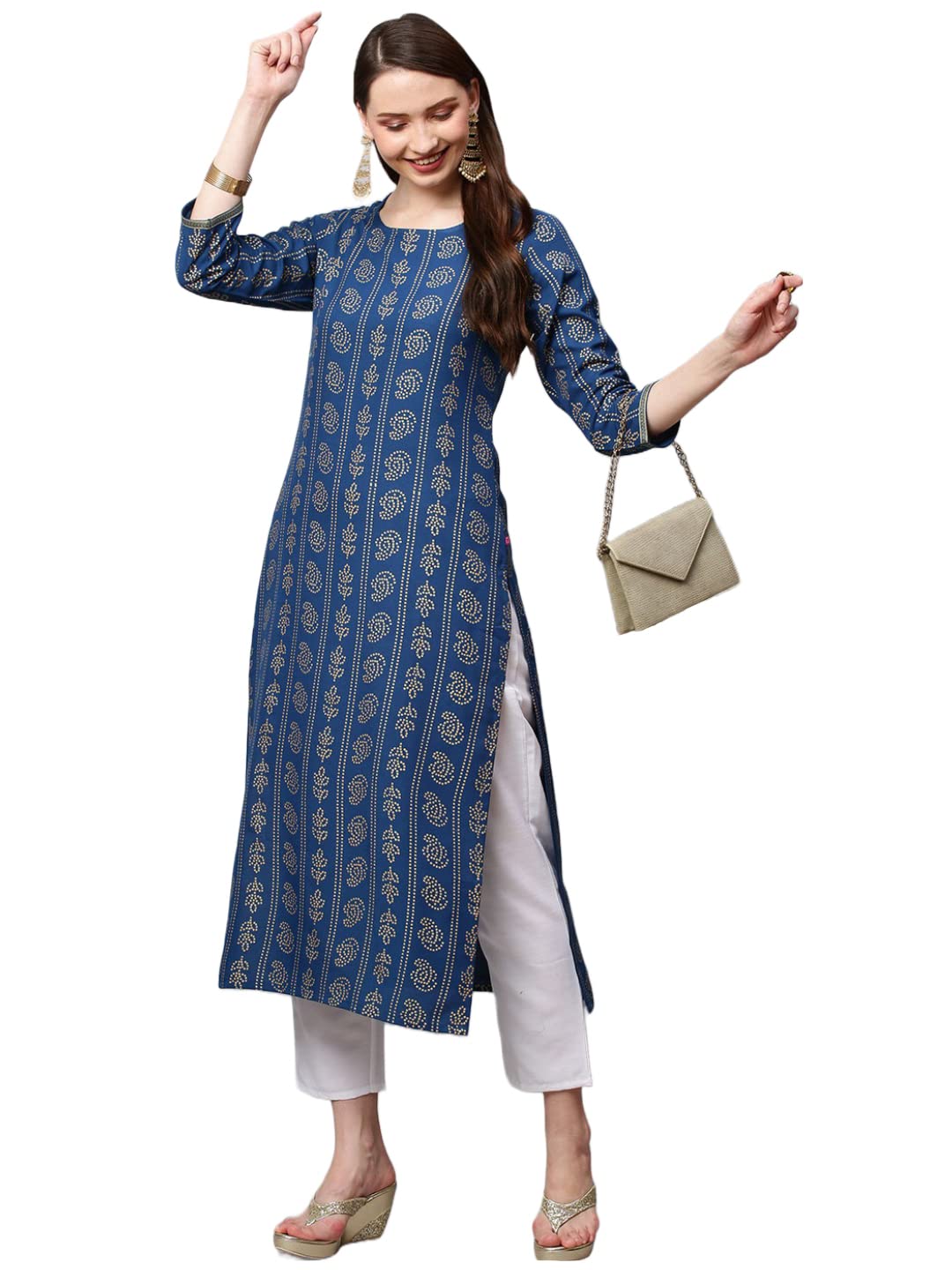 GoSriKi Women's  Cotton Blend Printed Straight Kurta