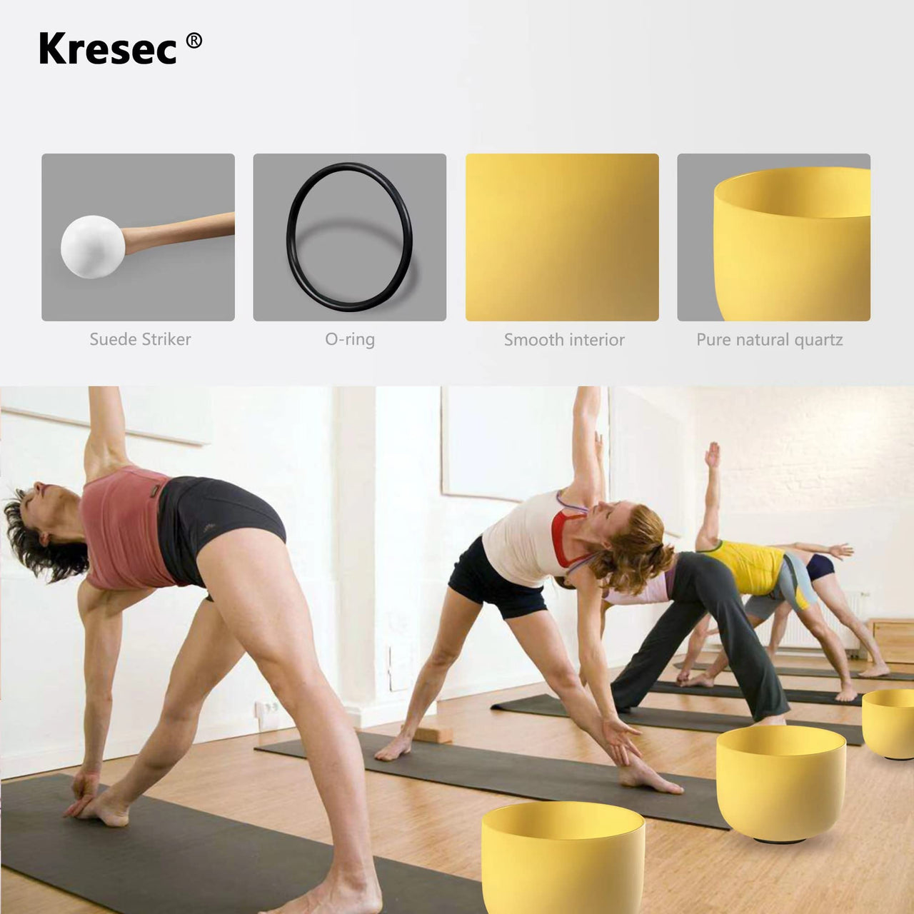 Kresec Yellow 10 Inch 440Hz Perfect Pitch Crystal Singing Bowl E Note (¡À10 cents) Solar Plexus Chakra with O-ring and Mallet for Meditation, Yoga, Spiritual and Body Healing and Energy Cleansing Yellow E Note