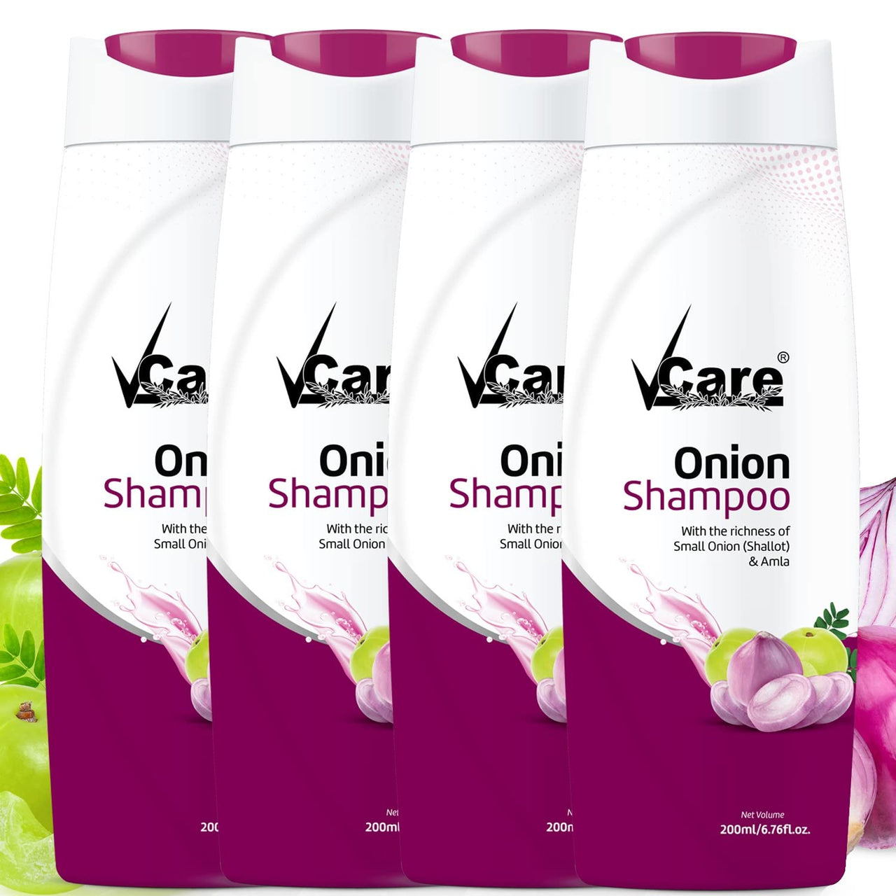 VCare Small Onion Shampoo for Hair Growth 200ml and Hair Fall Control - With Shallot Onion and Amla Suitable for Both Men & Women (Pack Of 4)