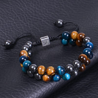 DHQH Triple Protection Bracelet 8/10MM Hematite Black Agate Tigers Eye Stone Bracelet Crystal Jewelry Healing Bead Bracelets for Men Bring Luck, Prosperity and Happiness F-8MM Triple Beads Double