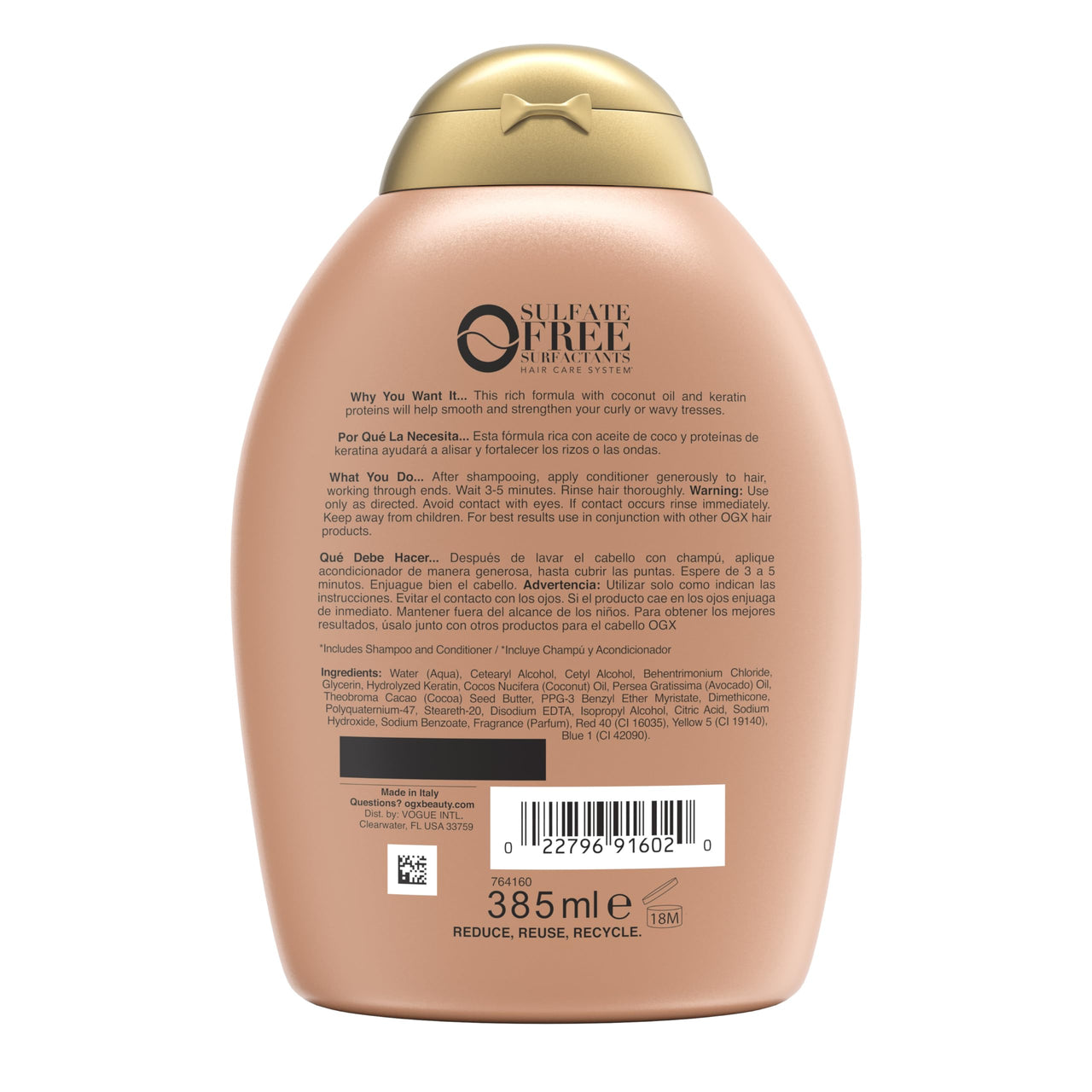 OGX Ever Straightening Brazilian Keratin Smooth Shampoo With Coconut Oil, Keratin Proteins, Avocado Oil & Cocoa Butter,Sulphate Free Surfactants, Paraben Free 385ml