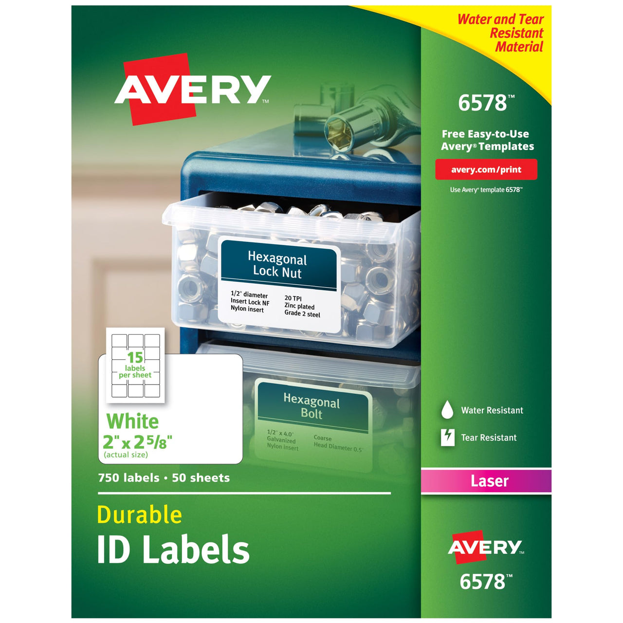Avery Durable White Cover Up ID Labels for Laser Printers, 2" x 2.625", Pack of 750 (6578)