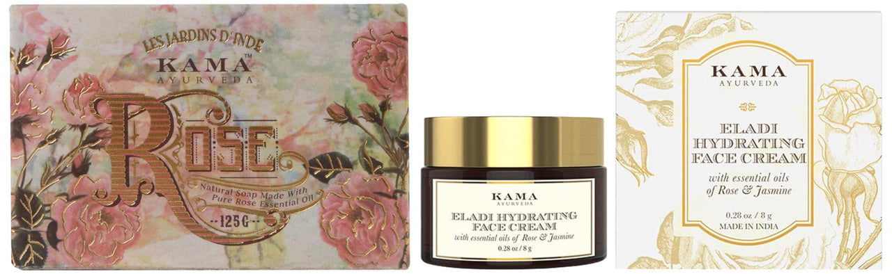 Kama Ayurveda Natural Rose Soap, 125g & KAMA AYURVEDA ELADI HYDRATING FACE CREAM 8GM