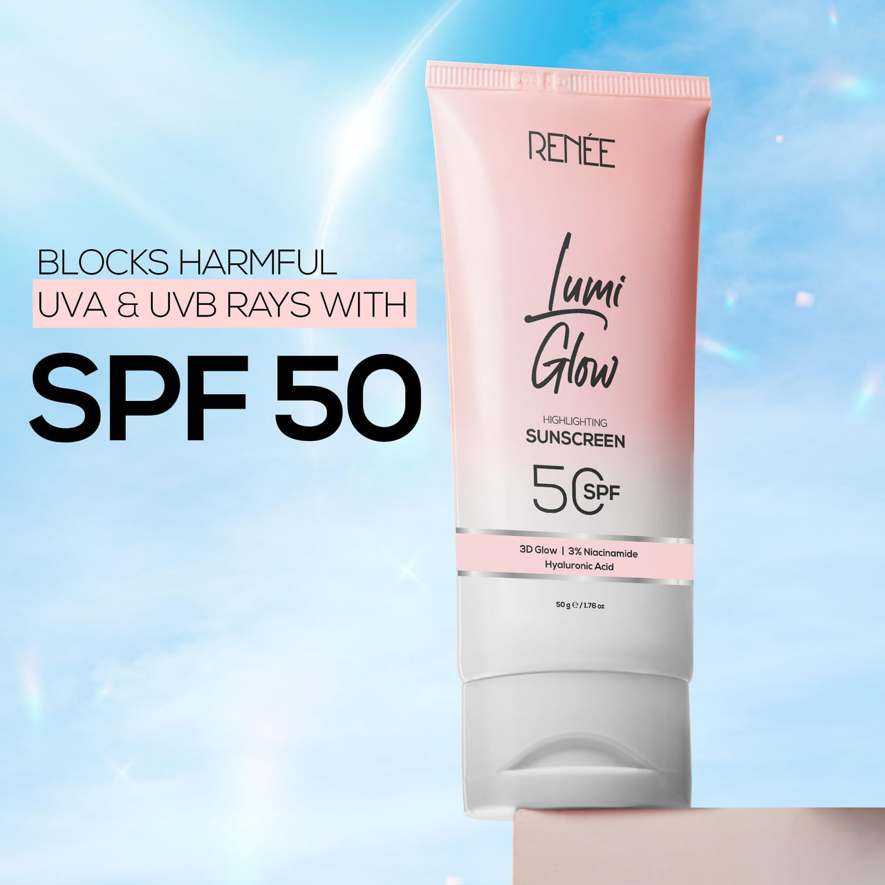RENEE Lumi Glow Highlighting Sunscreen with SPF 50, Lightweight & Non-Sticky, No White Cast, Protect against UVA-UVB, Radiant Finish, Nourishes skin With Niacinamide and Hyaluronic acid