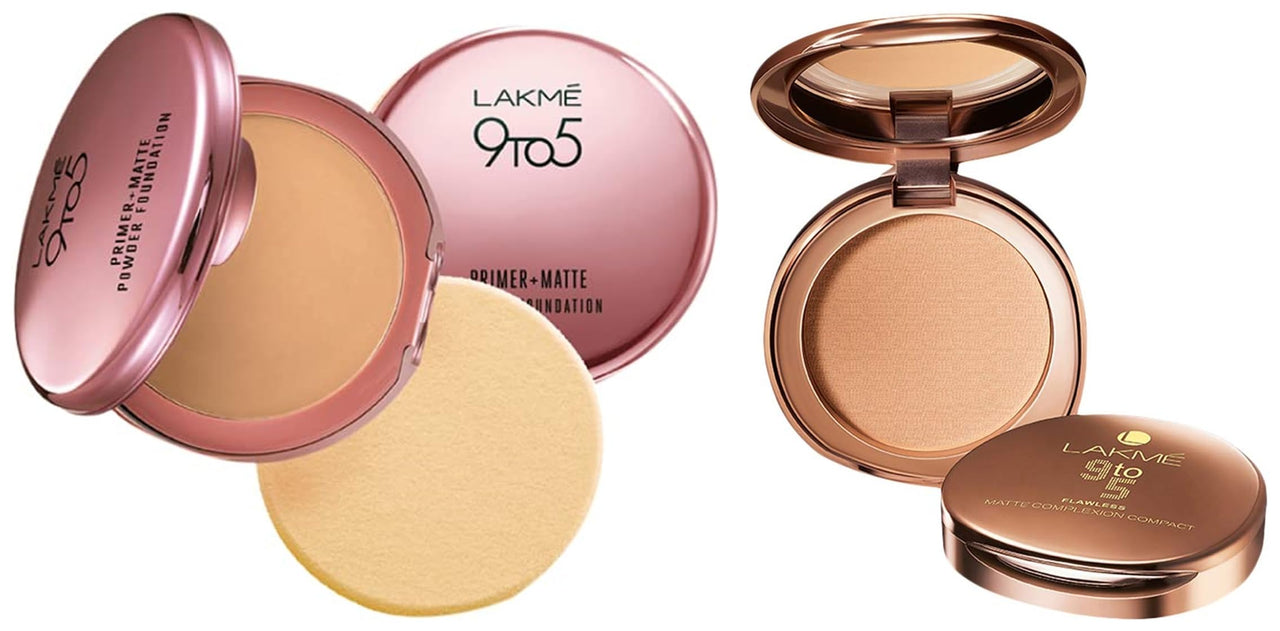 Lakmé 9 to 5 Primer with Matte Powder Foundation Compact, Silky Golden, 9g And Lakmé 9 to 5 Flawless Matte Complexion Compact, Melon, 8g