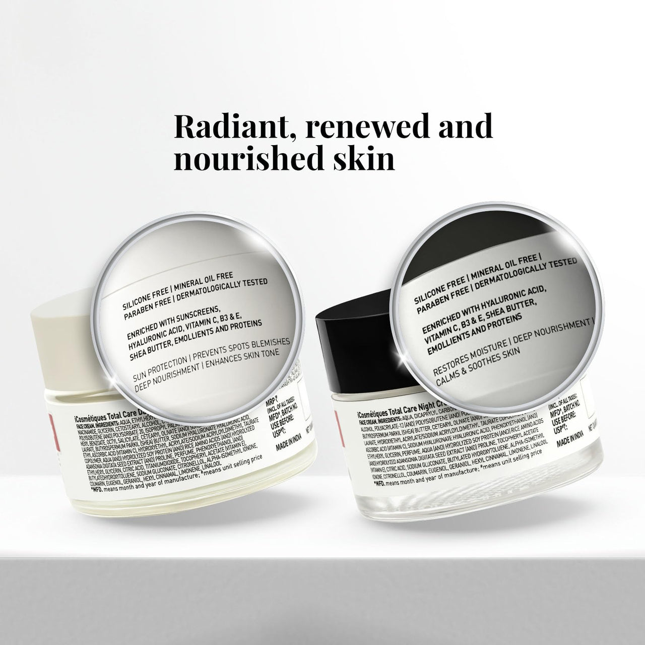 iCosmetiques Day & Night Cream Combo | Vitamins B3, C, E | Shea Butter & Glycerin | Glowing Skin | Mineral Oil & Silicone-Free | For Men And Women | 50g each