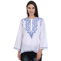 Paramount Women's  Chikankari Cotton White Straight Short Kurta Navy XS