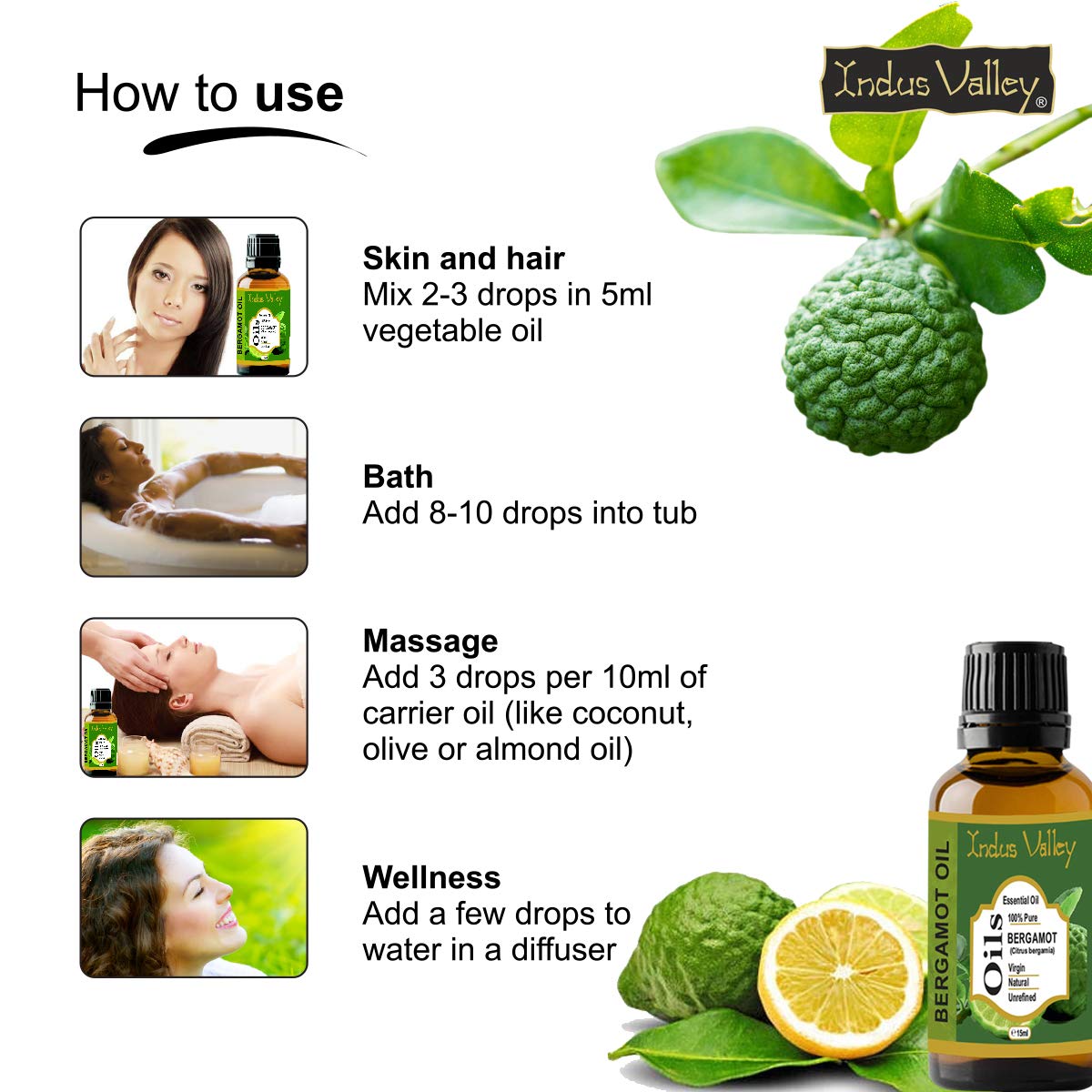 Indus Valley 100% Pure Natural & Organic, Undiluted Bergamot Essential Oil & Glass Dropper for Skin, Hair Care -15ml