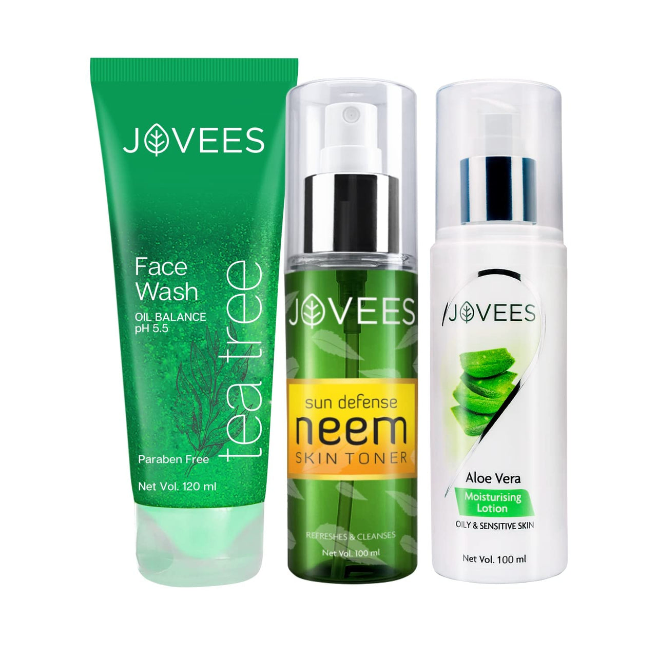 Jovees Herbal Oily Skin Routine Tea-Tree Face Wash 120ml & Neem Toner 100ml and Aloe Vera Moisturising Lotion 100ml (Set of 3)
