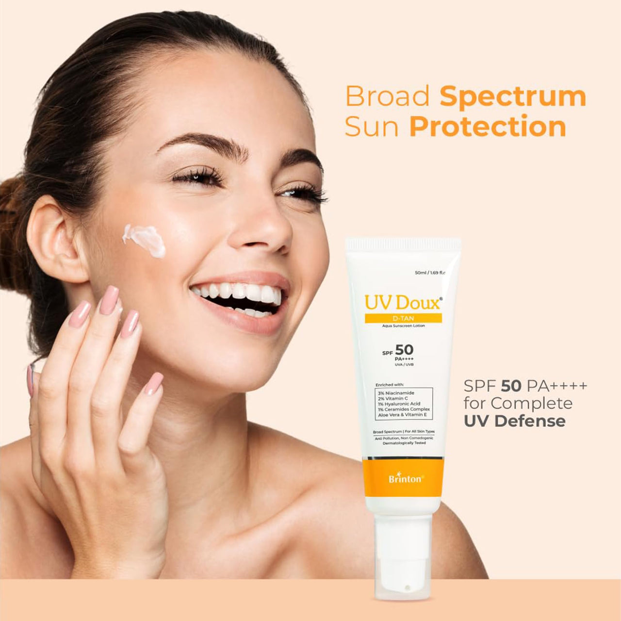 UV Doux D-Tan Aqua Sunscreen Lotion Enriched with Enriched with 3% Niacinamide, 2% Vitamin C, 1% Hyaluronic Acid, 1% Ceramide, Aloe Vera & Vitamin E | SPF 50 PA++++ Broad Spectrum, 50 ml