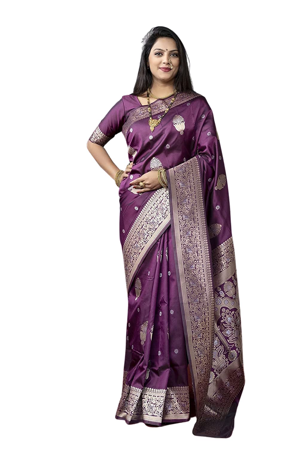 SGF11- Women's  Kanjivaram Pure Soft Silk Handloom Saree Pure Golden Zari With Blouse Piece