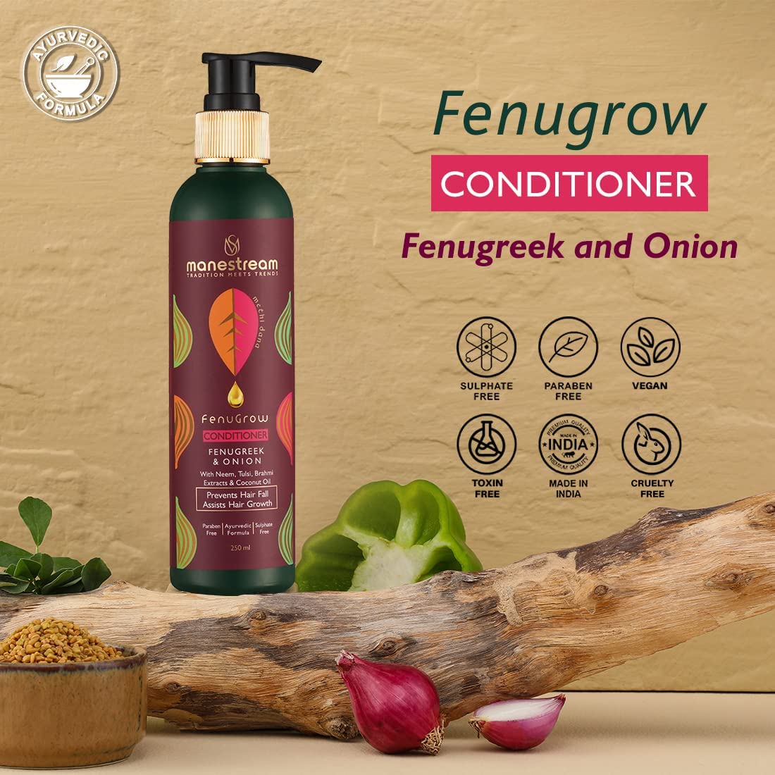 Manestream Fenugrow Hairfall Control Conditioner for Men & Women, Ayurvedic Natural Treatment with Fenugreek & Onion for Hair Loss & Gives Strength, 250 ml
