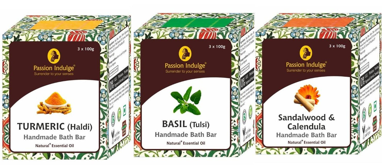 Passion Indulge Handmade Soaps Natural Bath Bar - Sandalwood, Basil (Tulasi) and Turmeric Soap Combo Pack