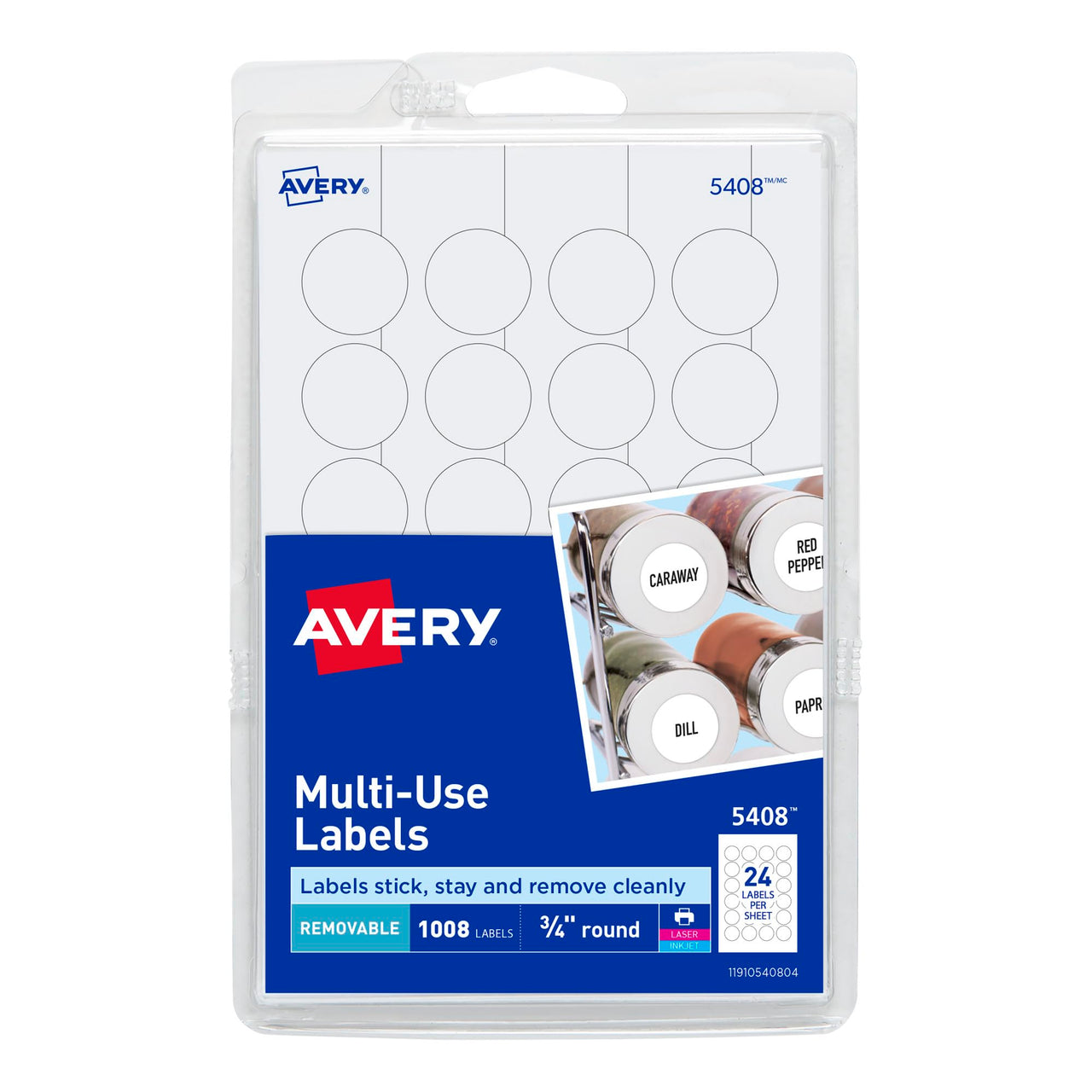 Avery Removable Print or Write Labels for Laser and Inkjet Printers, 0.75 Inches, Round, Pack of 1008 (5408) 1 Pack