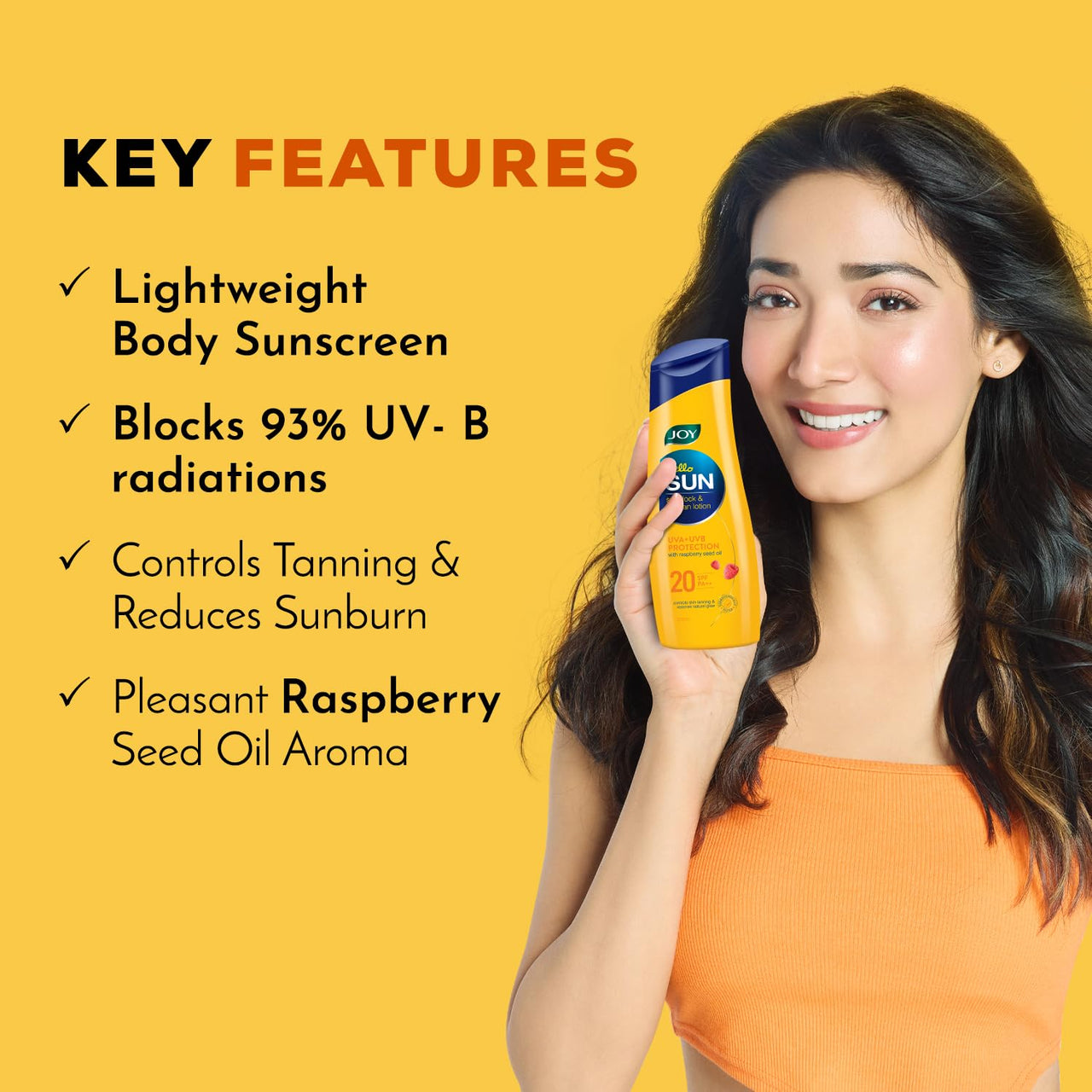 Joy Hello Sun Body Sunscreen Lotion SPF20 PA++ (300ml) | UVA + UVB Protection | Tan Control and restores Glow | Lightweight, Fast Absorbing & Zero White Cast | For Normal to Oily Skin