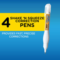 BIC Wite-Out Brand Shake 'n Squeeze Correction Pen, 8 ML Correction Fluid, 4-Count Pack of white Correction Pens, Fast, Clean and Easy to Use Office or School Supplies