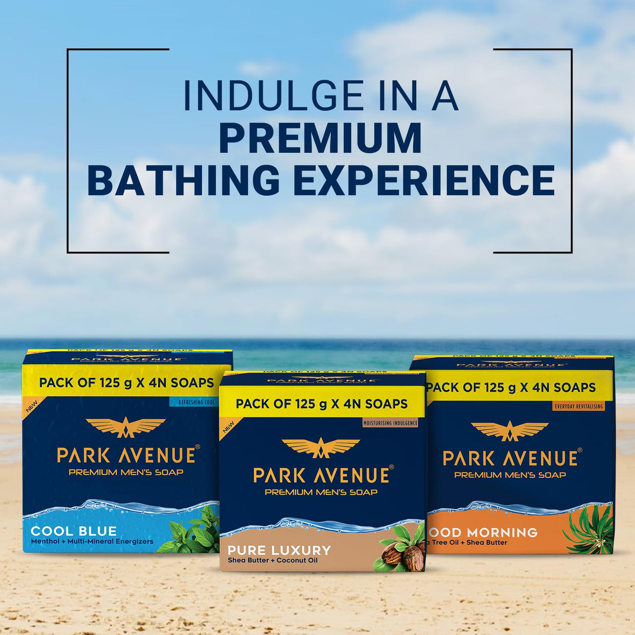 Park Avenue Premium Men’s Soaps for Bath – Pure Luxury | 125g (Pack of 4) | Enriched with Shea Butter & Coconut Oil | Grade 1 Soap | For All Skin Types