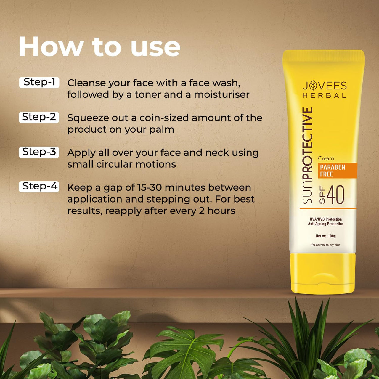 Jovees Herbal Sun Protective Sunscreen SPF 40 | Lightweight, Quick Absorbing and Oil Free - UVA/UVB Protection | Normal to Dry Skin Type | Paraben & Alcohol Free 100g (Pack of 2)