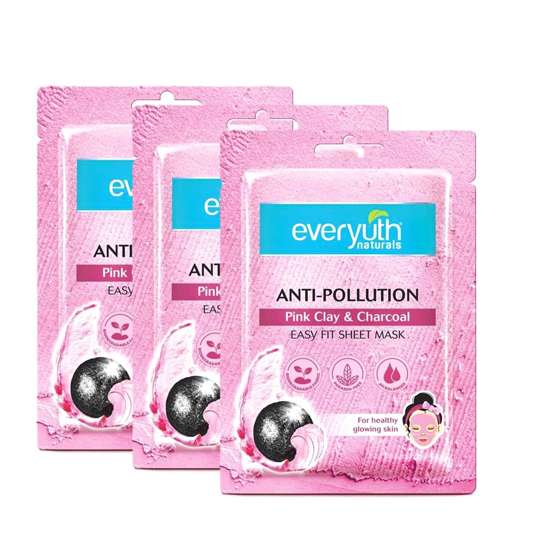 Everyuth Naturals Anti Pollution Pink Clay & Charcoal Sheet Mask Pack of 3