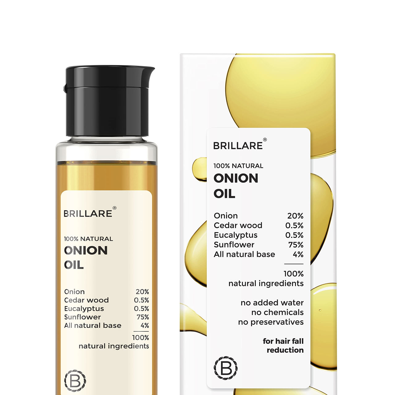 Brillare Onion Hair Oil with the Goodness of Cedar Wood & Sunflower Oil Helps in Hair Fall Control, 100% Natural Hair Oil With Refreshing Fragrance, 100ml