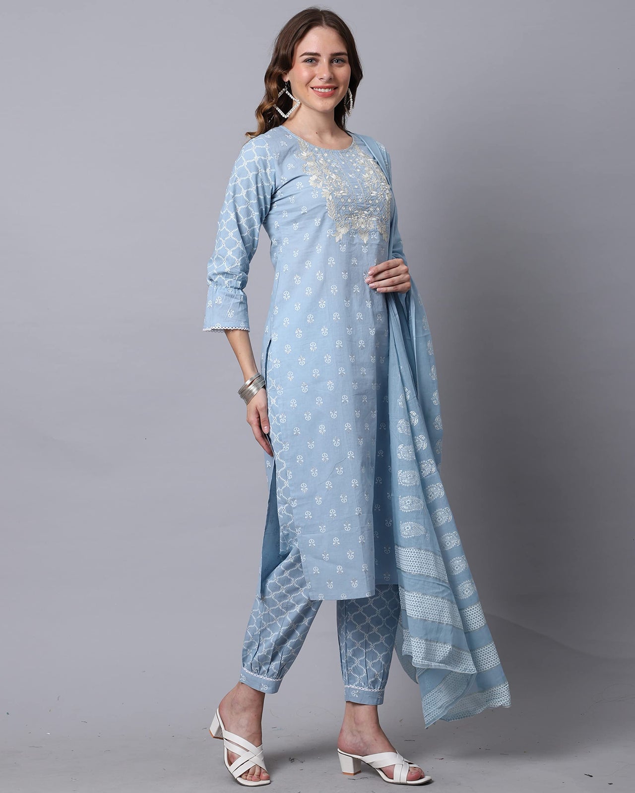 Rajnandini Women's  Sky Blue Pure Cambric Cotton Jaipuri Printed & Embroidered Kurta Set With Dupatta (JOPLJPR824-P)