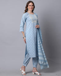 Rajnandini Women's  Sky Blue Pure Cambric Cotton Jaipuri Printed & Embroidered Kurta Set With Dupatta (JOPLJPR824-P)