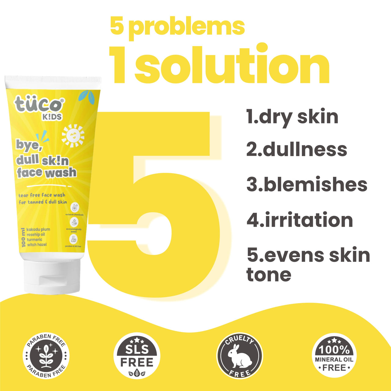Tuco® Kids Face Wash | Brightens Dull Skin | Turmeric & Kakadu Plum | pH Balanced Tear-Free | Ages 2-5, 4-10, 10-15, 5-10 Years | Paraben & Sulphate Free | 100ml (Pack of 1)