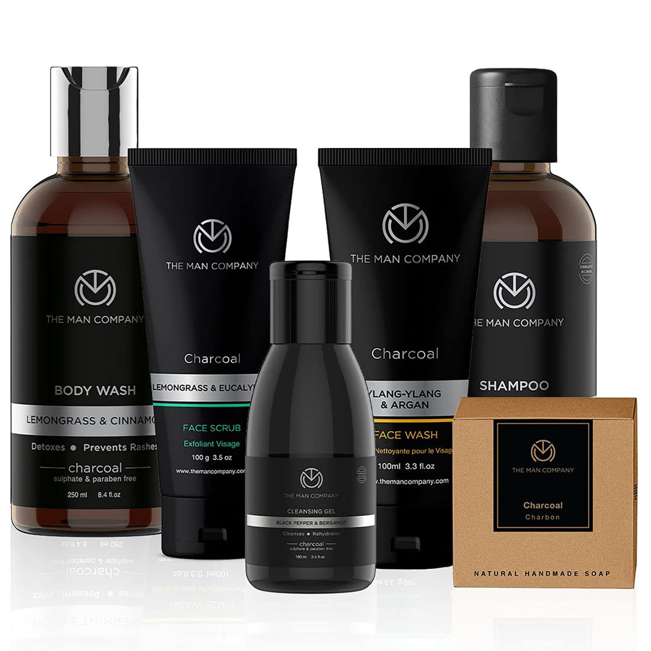 The Man Company Charcoal Grooming Kit with Body Wash, Shampoo, Face Scrub, Face Wash, Cleansing Gel, Solid Soap Bar | Combo Gift Set for Husband, Boyfriend - Set of 6