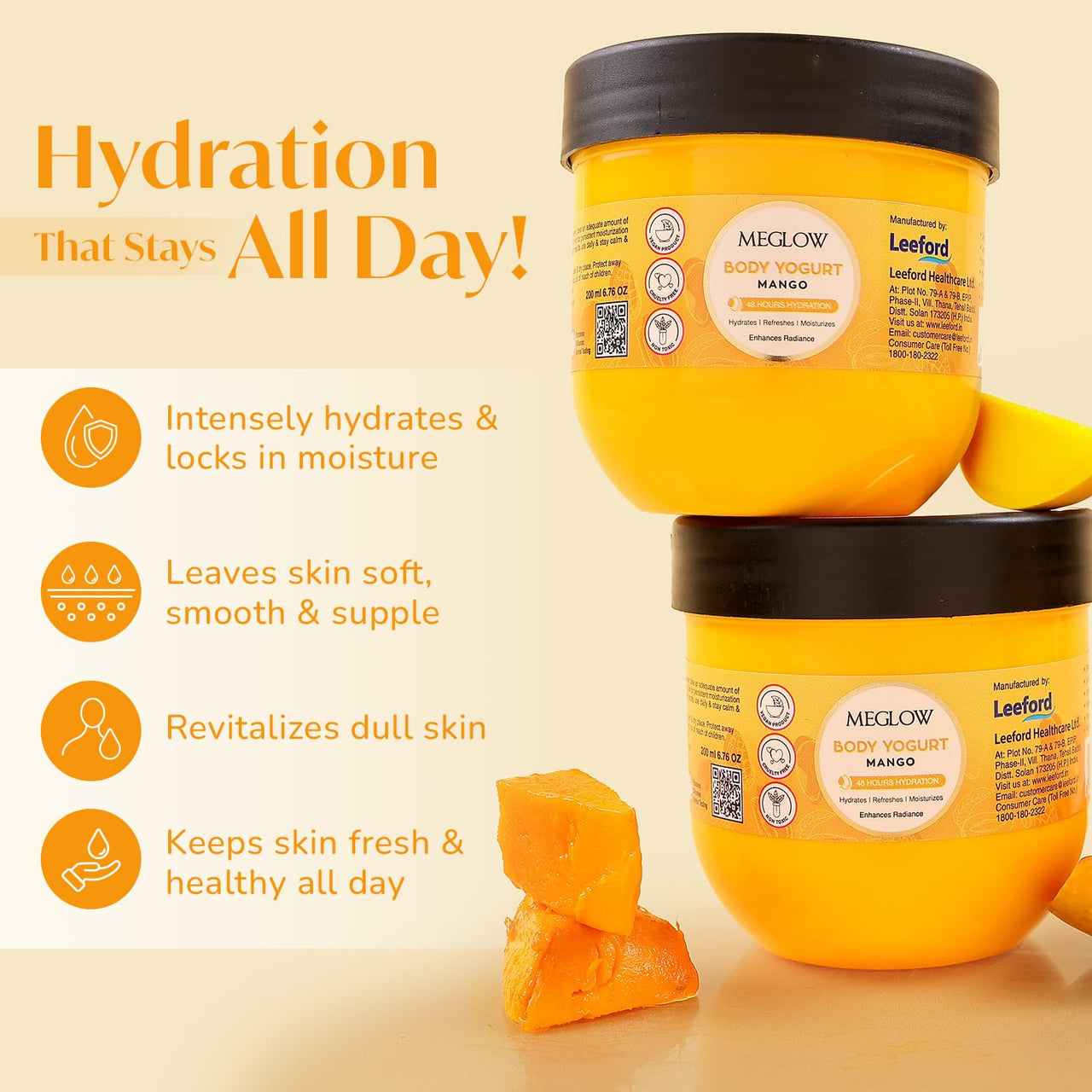 Meglow Mango Body Yogurt – Oil-Free Moisturizer for Dry Skin, Radiance & Long-Lasting Hydration, 200ml