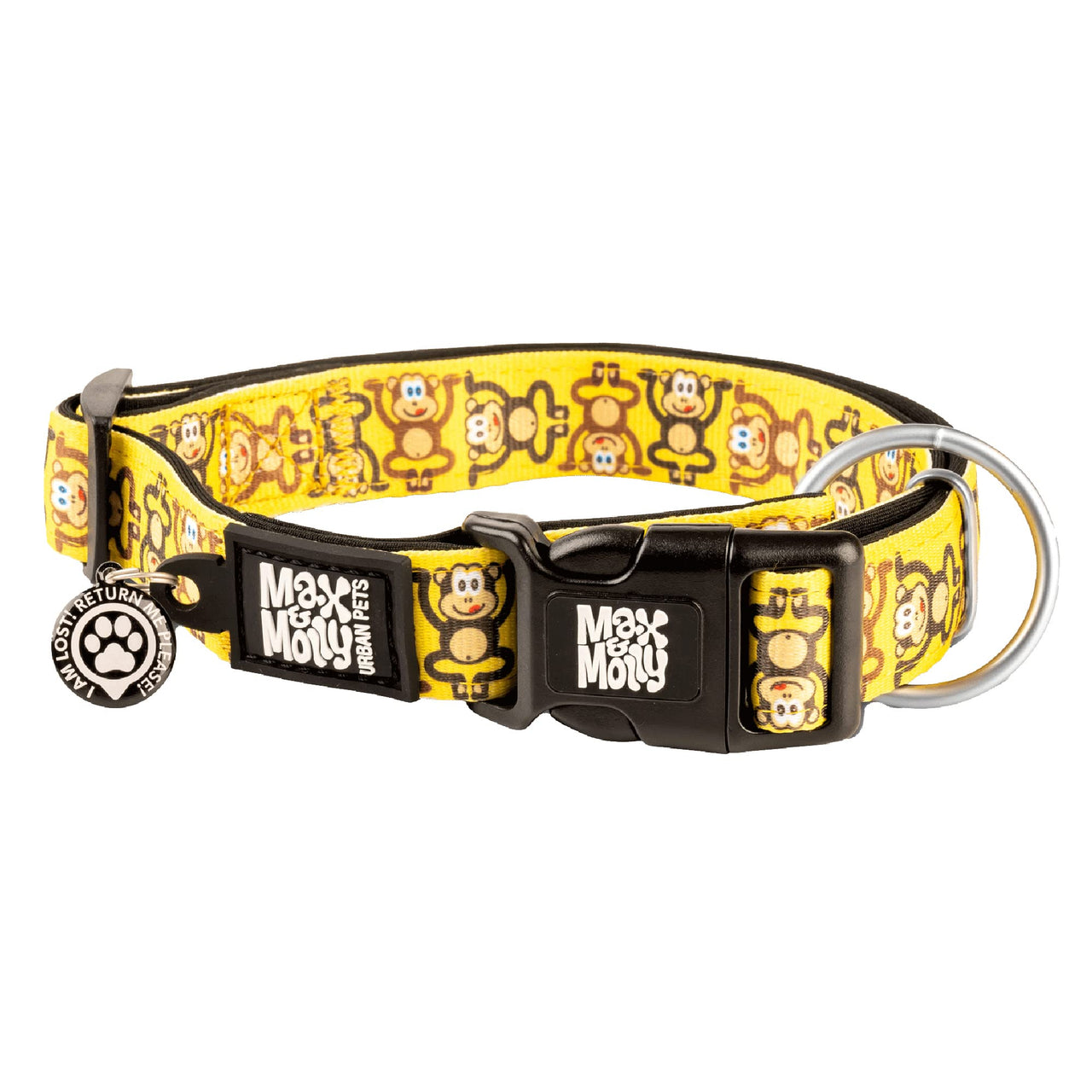 Max & Molly Soft Padded Neoprene Dog Collar w/Smart ID Gotcha! QR Pet Safety Tag, Durable, Waterproof, Anti-Stink, Machine Washable Collar for Dogs, Monkeys Pattern, L