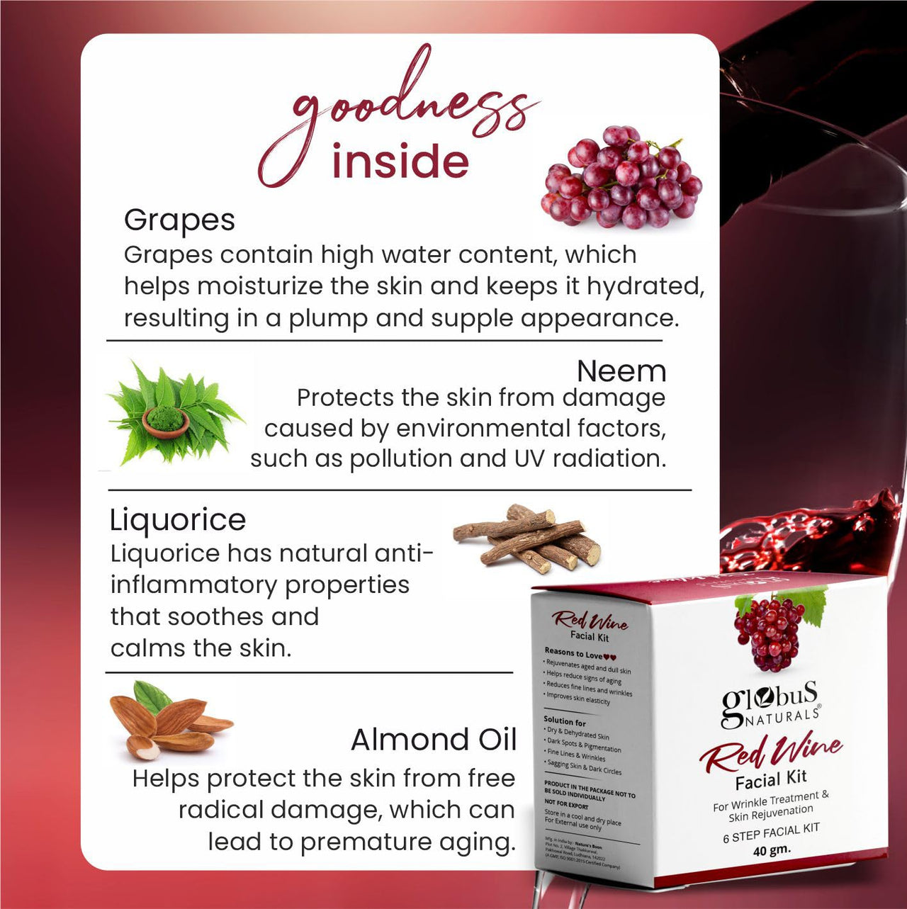 Globus Naturals Red Wine Face Wash & Facial Kit Combo, Anti Ageing Formula, For All Skin Types