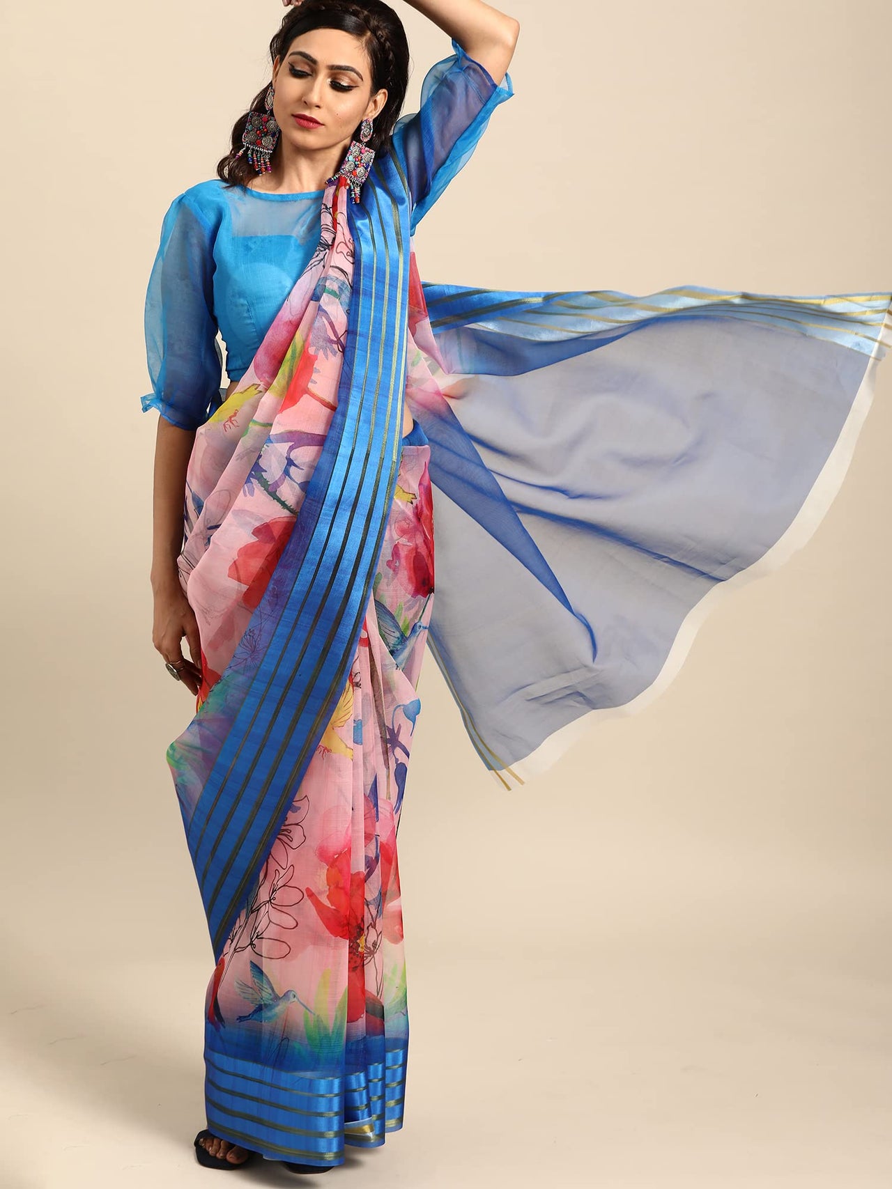 AKHILAM Women's  Knit Floral Printed Organza Saree with Unstitched Blouse Piece (FF0SAGE10_Parent)