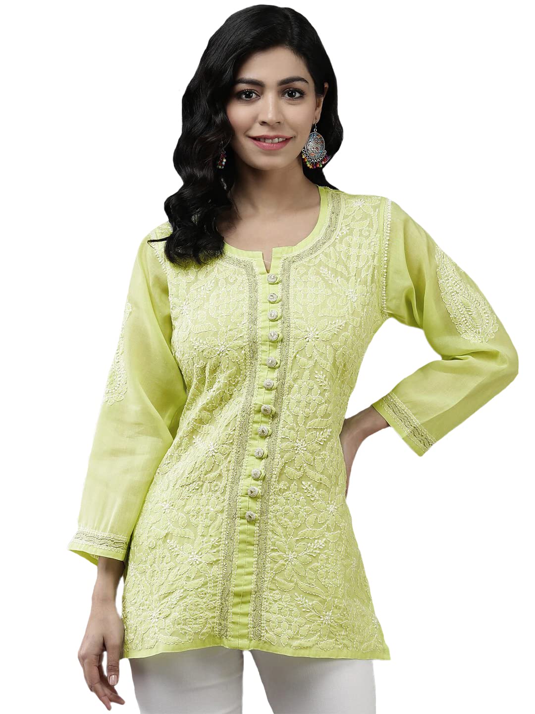 Ada Women's  Hand Embroidered Lucknowi Chikankari Cotton Straight Short Top Kurti A178625
