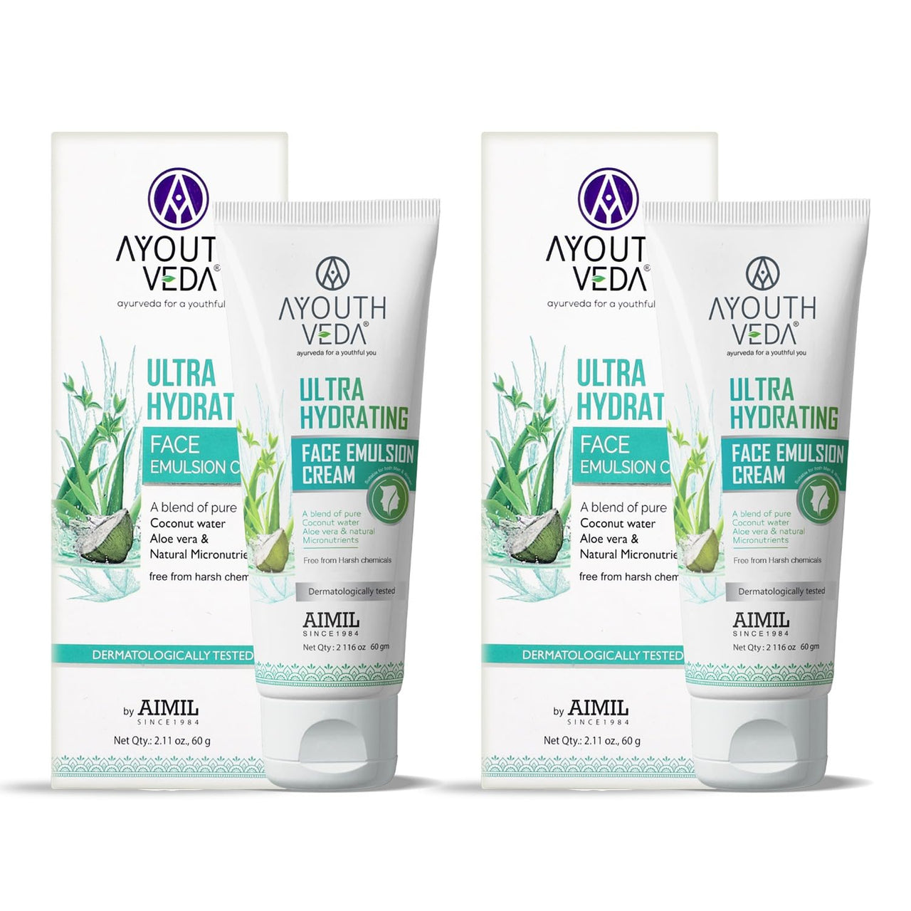 Ayouthveda Ultra Hydrating Face Emulsion Cream With Coconut Water, Aloe vera & Green Tea | Provides Long Lasting Nourishment | Fresh & Radiant Look, Reduces Blemishes & Dark Spots(Pack Of 2-60G each)