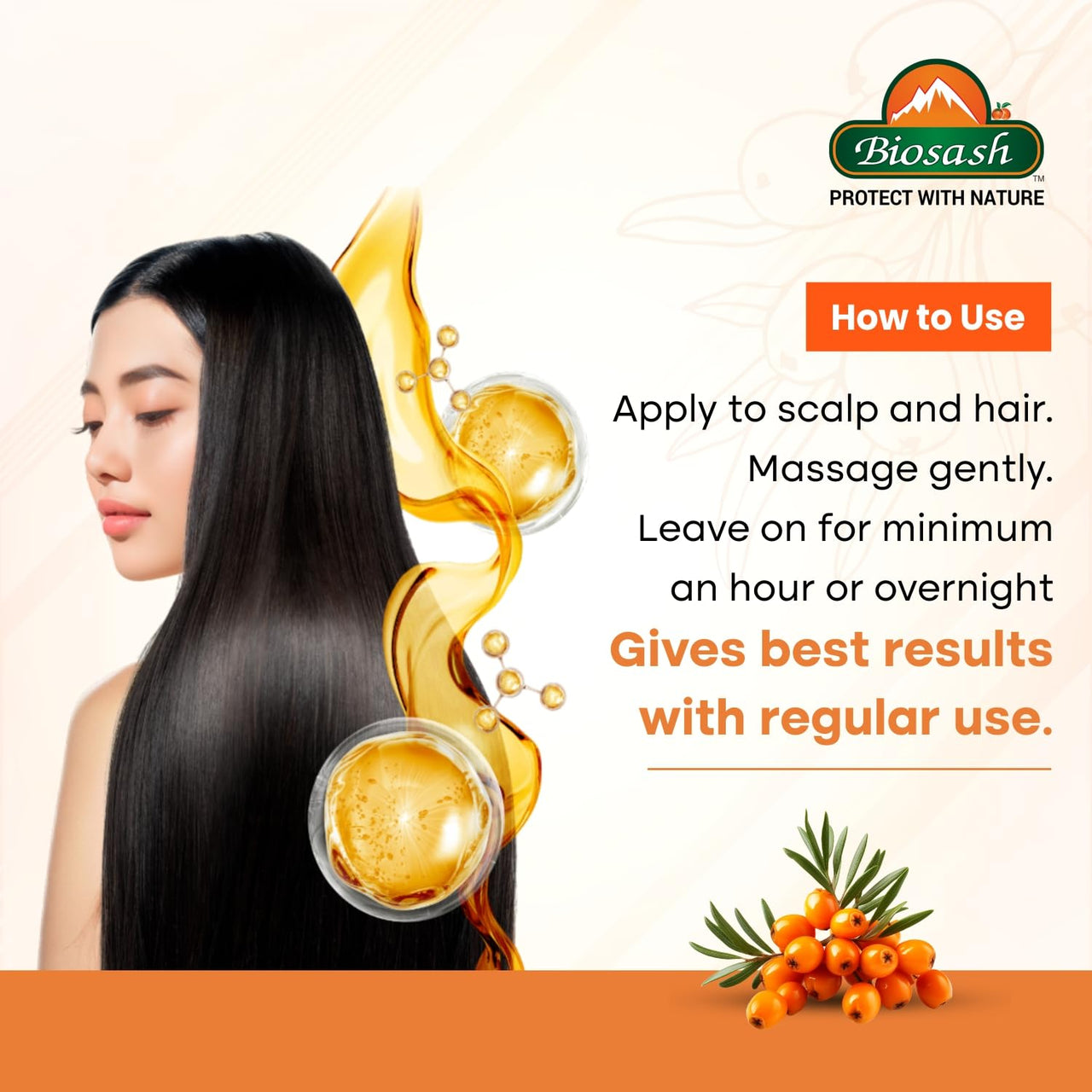 Biosash Sea Buckthorn Hair Oil 100ml | Ayurvedic Hair Care with Sea Buckthorn Berry, Almond & Castor Oil | Rich in Omega 3 6 7 9 & Vitamin E | Hair Fall Control & Hair Growth