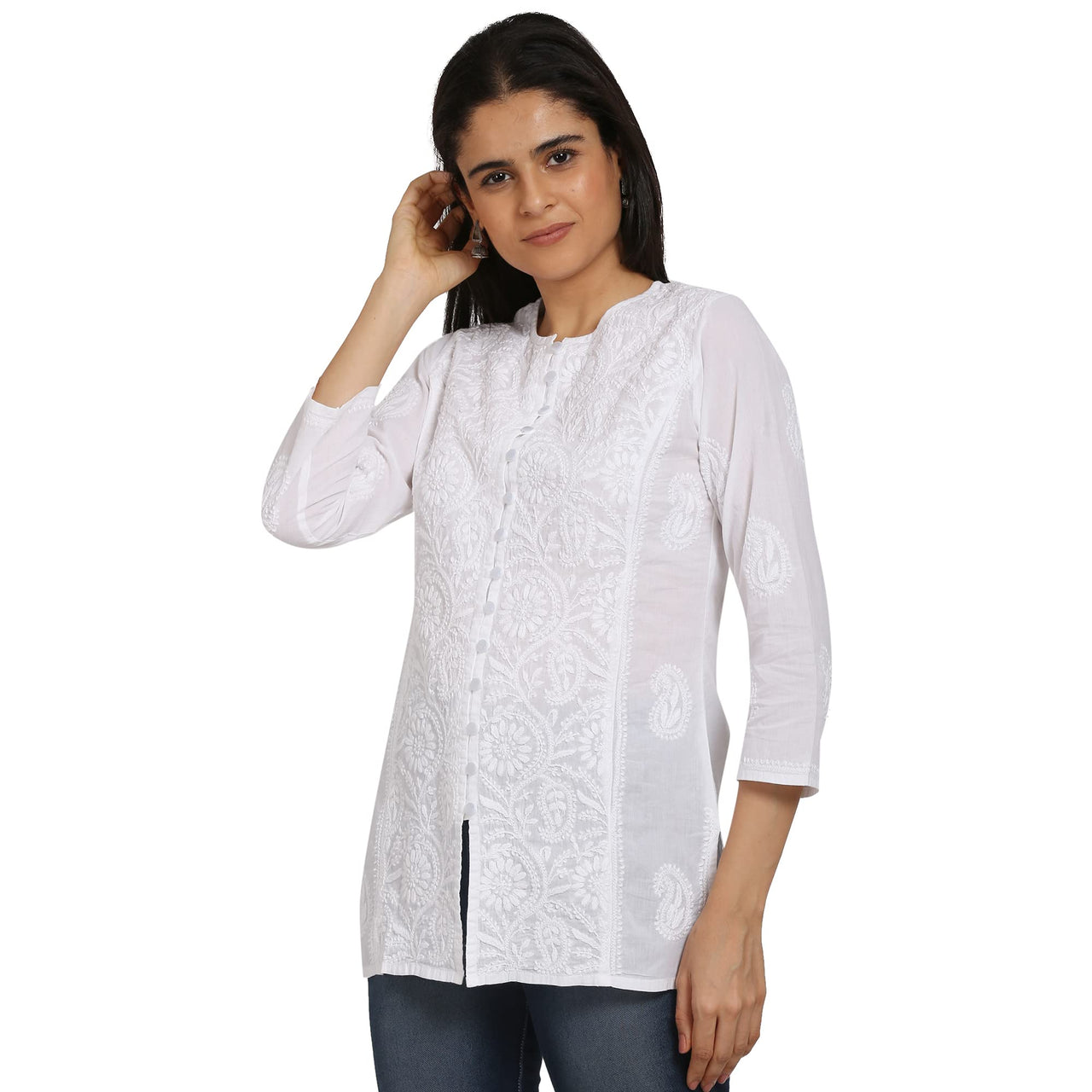 Paramount Women's  Chikankari White Ethnic Cotton Short Kurti/Top