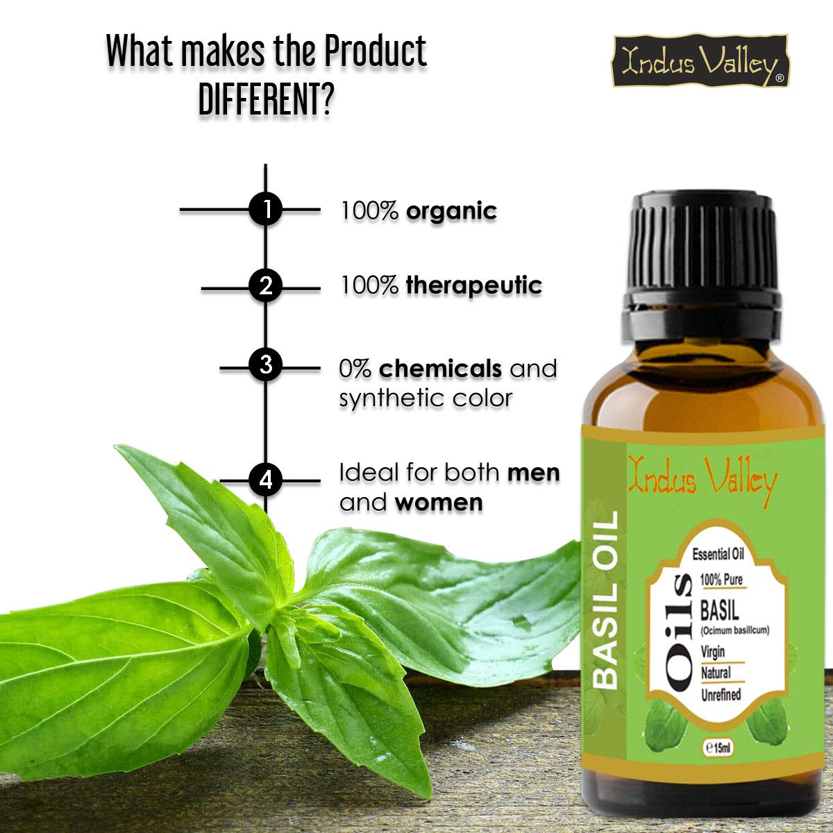 Indus Valley 100% Pure Natural & Organic, Undiluted Basil Essential Oil with Glass Dropper for Skin, Hair Care -15ml