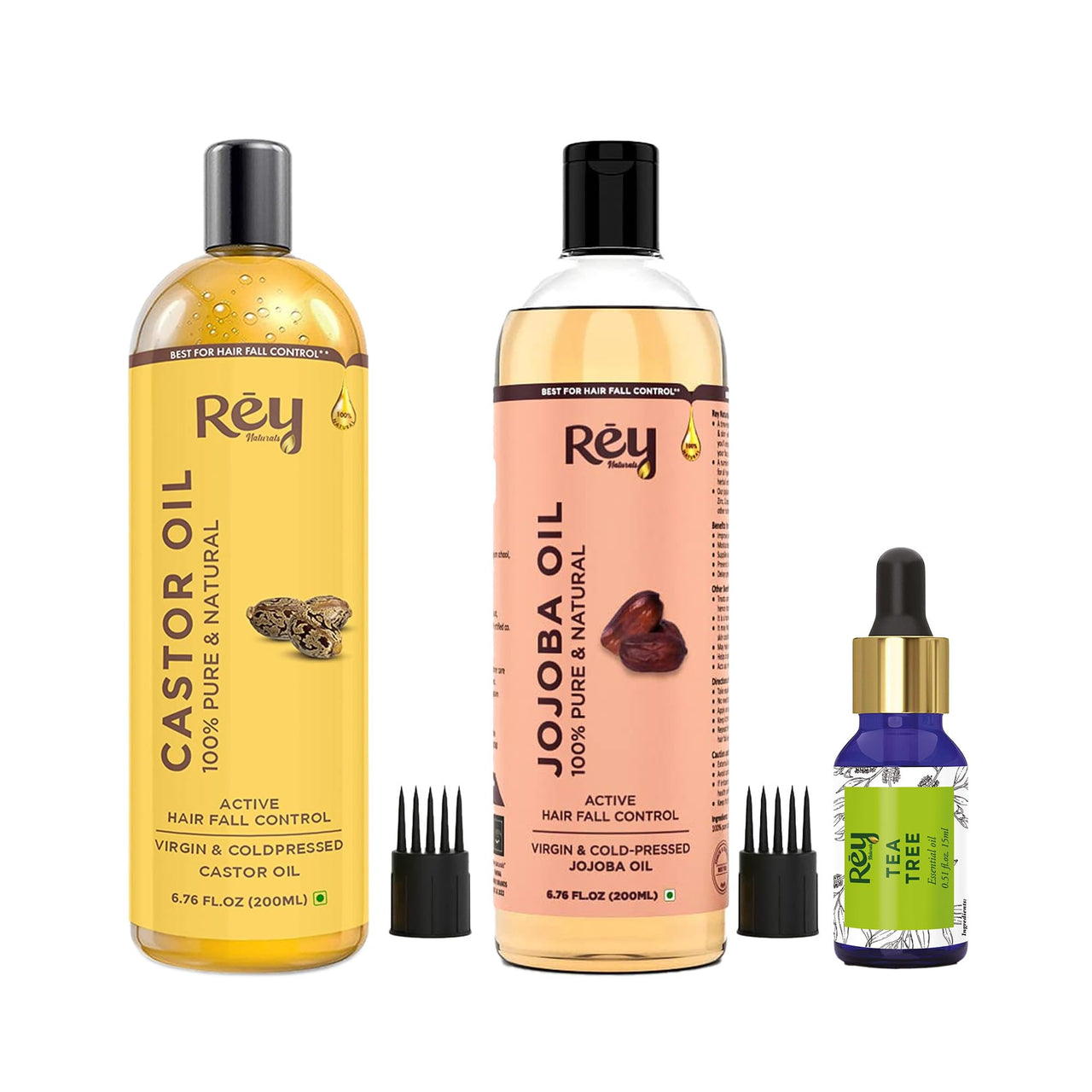 Rey Naturals Unrefined Jojoba Oil, Tea Tree Oil & Castor Oil For Hair Growth, Hair Fall & Dandruff Control, Split end, Dark Spots (Arandi Ka Tel)(200ml*2 + 15ml) | Cold Pressed Hair Oil For Shiny Hair