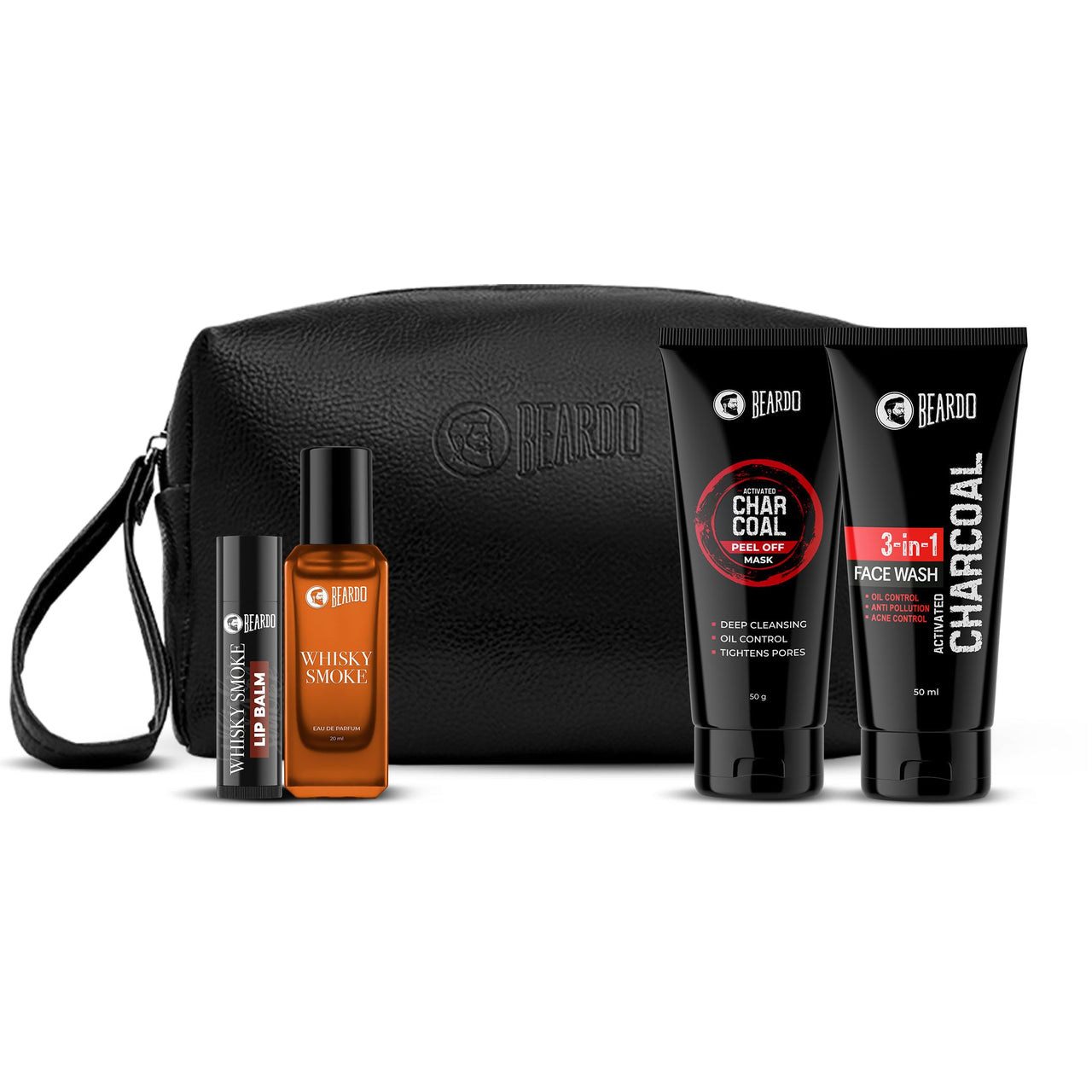 Beardo Activated Charcoal Face Wash 50ml, Activated Charcoal Peel Off Mask 50g, Whisky Smoke Lip Balm 4g, Whisky Smoke Perfume EDP 20ml, Travel Pouch (Set of 5)