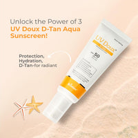 UV Doux D-Tan Aqua Sunscreen Lotion Enriched with Enriched with 3% Niacinamide, 2% Vitamin C, 1% Hyaluronic Acid, 1% Ceramide, Aloe Vera & Vitamin E | SPF 50 PA++++ Broad Spectrum, 50 ml
