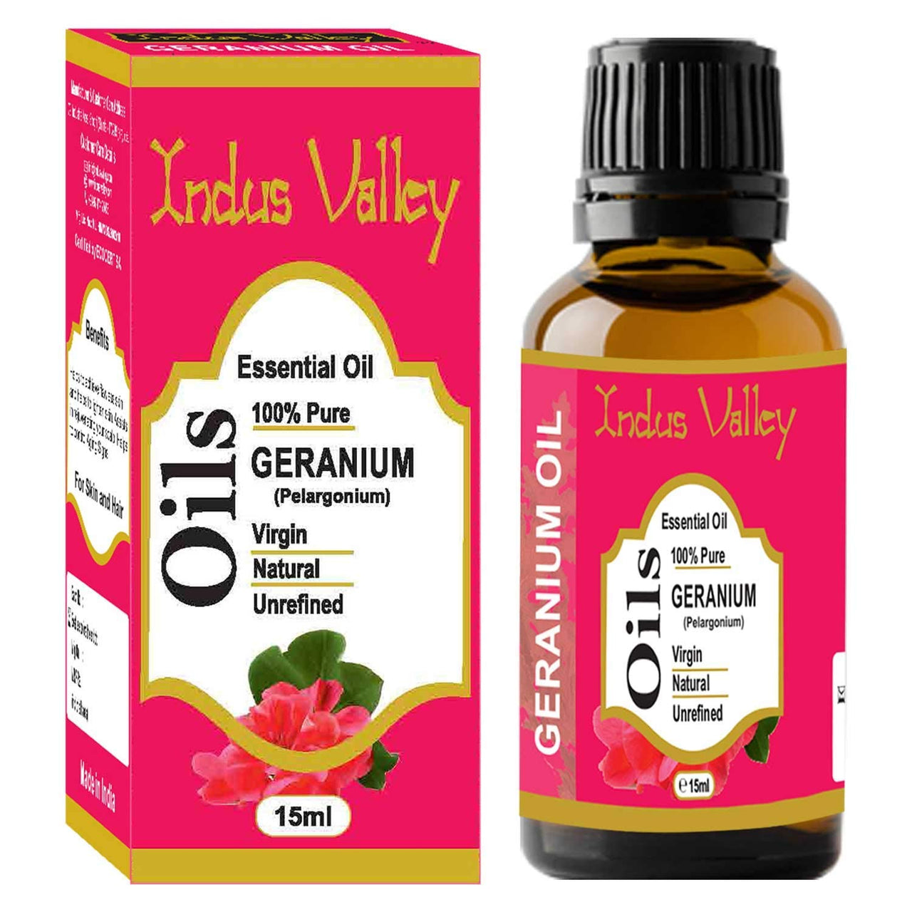 Indus Valley 100% Pure Natural & Organic, Undiluted Geranium Essential Oil with Glass Dropper for Skin, Hair Care -15ml