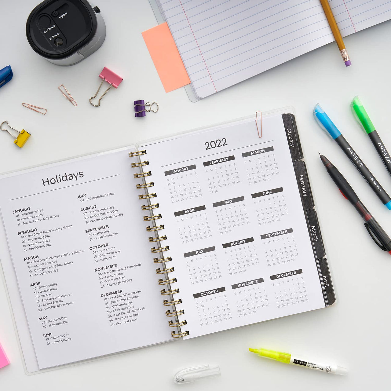 Arteza 2022 Monthly Planner, 205 Inner Pages, Black Brushstroke Design, 9.1 x 7.3 Inches – 12-Month Planner – Office Supplies to Track Plans & Stay Productive Black Cover