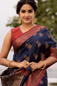 NK Textiles Women's  Elephant Motifs Woven Kanjivaram Ghicha Tussar Silk Saree with Fancy Tassels