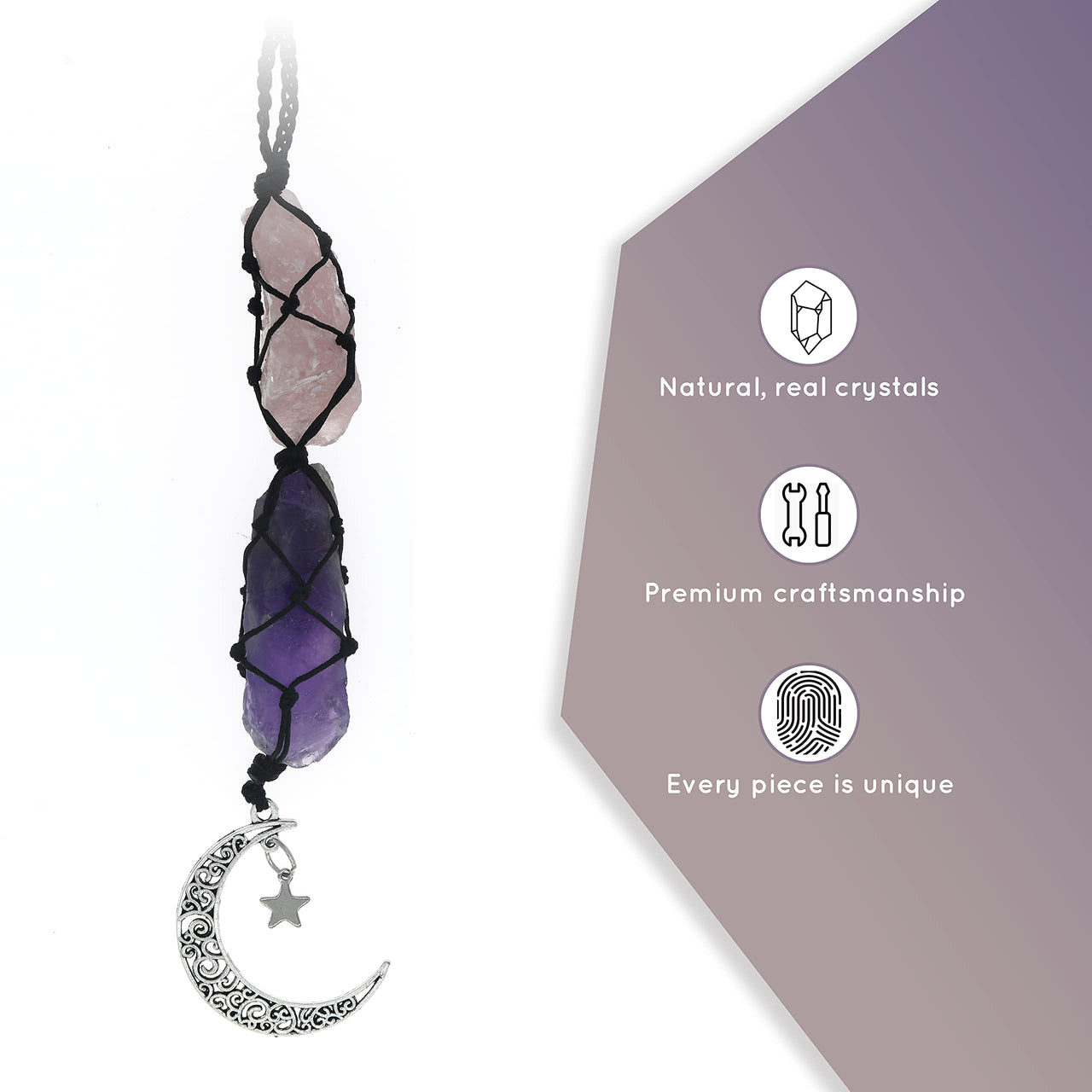 BOHO GARDEN Hanging Car Charm - Rose Quartz, Amethyst - Dangling Moon, Healing Crystal Accessories, Rearview Mirror Decorations - Love, Connection, Self-Worth, Balance, Intuition, Spirituality, Energy Rose Quartz-amethyst