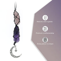 BOHO GARDEN Hanging Car Charm - Rose Quartz, Amethyst - Dangling Moon, Healing Crystal Accessories, Rearview Mirror Decorations - Love, Connection, Self-Worth, Balance, Intuition, Spirituality, Energy Rose Quartz-amethyst